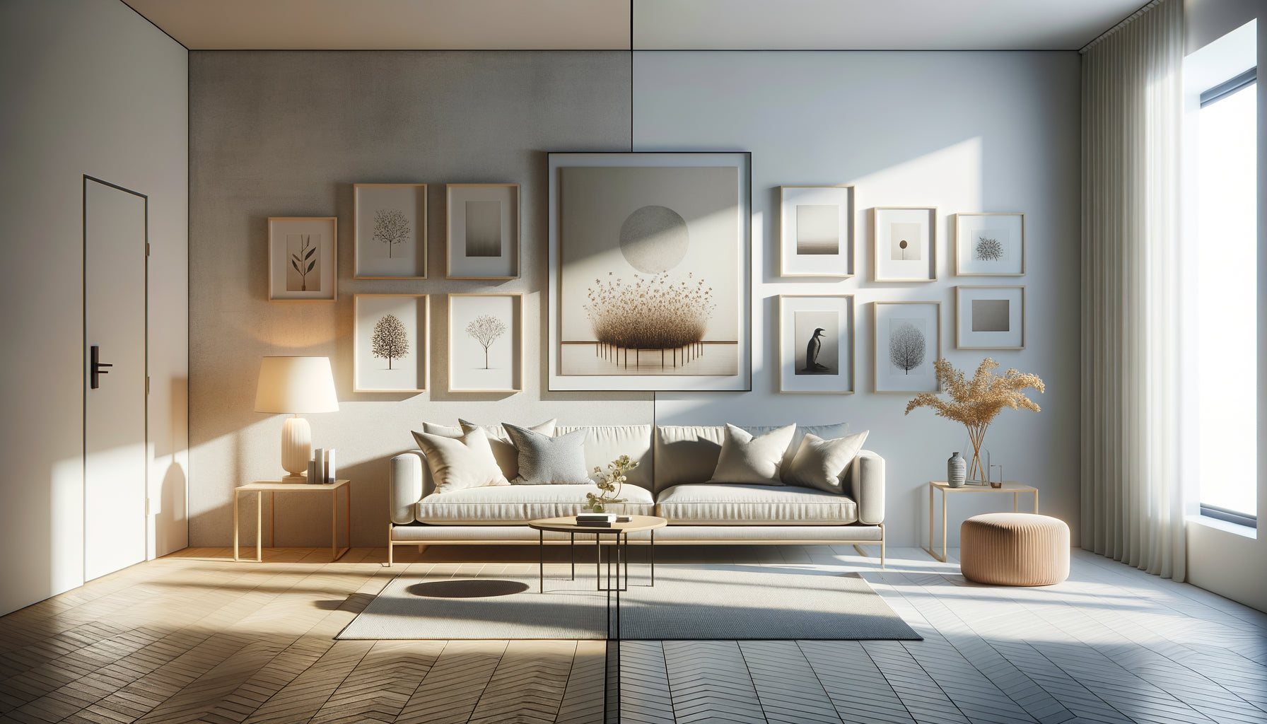 Comparaison visuelle entre un grand tableau unique et une composition murale multiple dans un intérieur contemporain