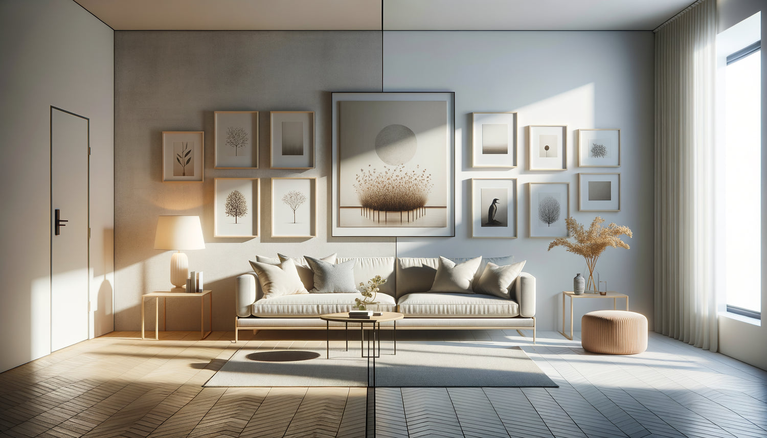 Comparaison visuelle entre un grand tableau unique et une composition murale multiple dans un intérieur contemporain