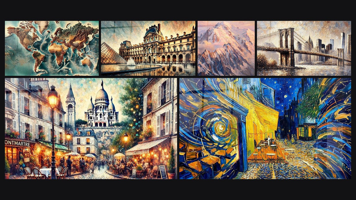 Mozaïek van zes schilderijen, waaronder Wereldkaart Nummer 4, Louvre Nr. 4 en Montmartre Nr. 2