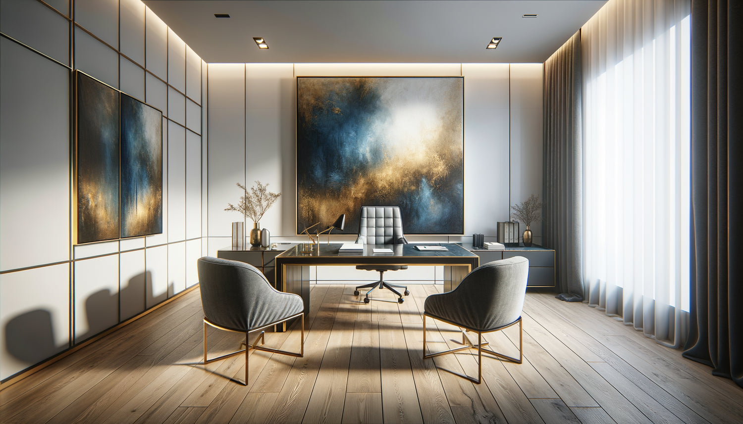 Grand tableau abstrait contemporain dominant le mur principal d'un petit bureau professionnel moderne et épuré