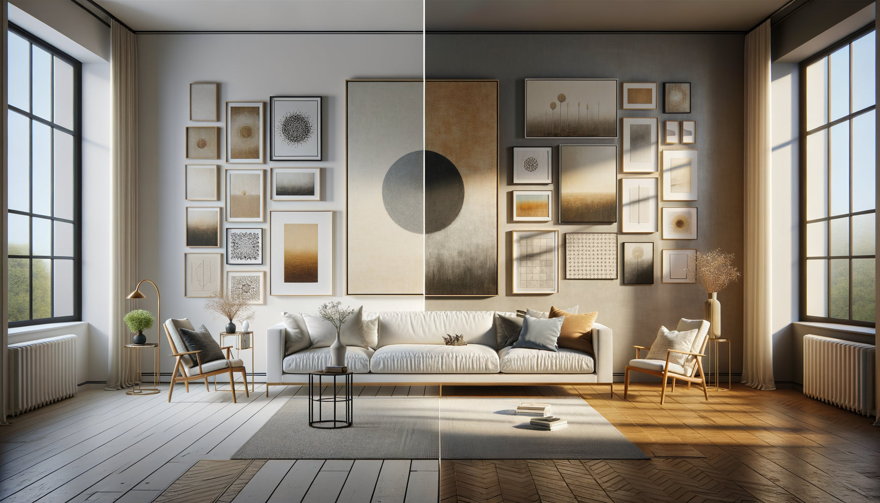 Comparaison visuelle entre un grand tableau unique et une composition de plusieurs petits tableaux sur mur contemporain