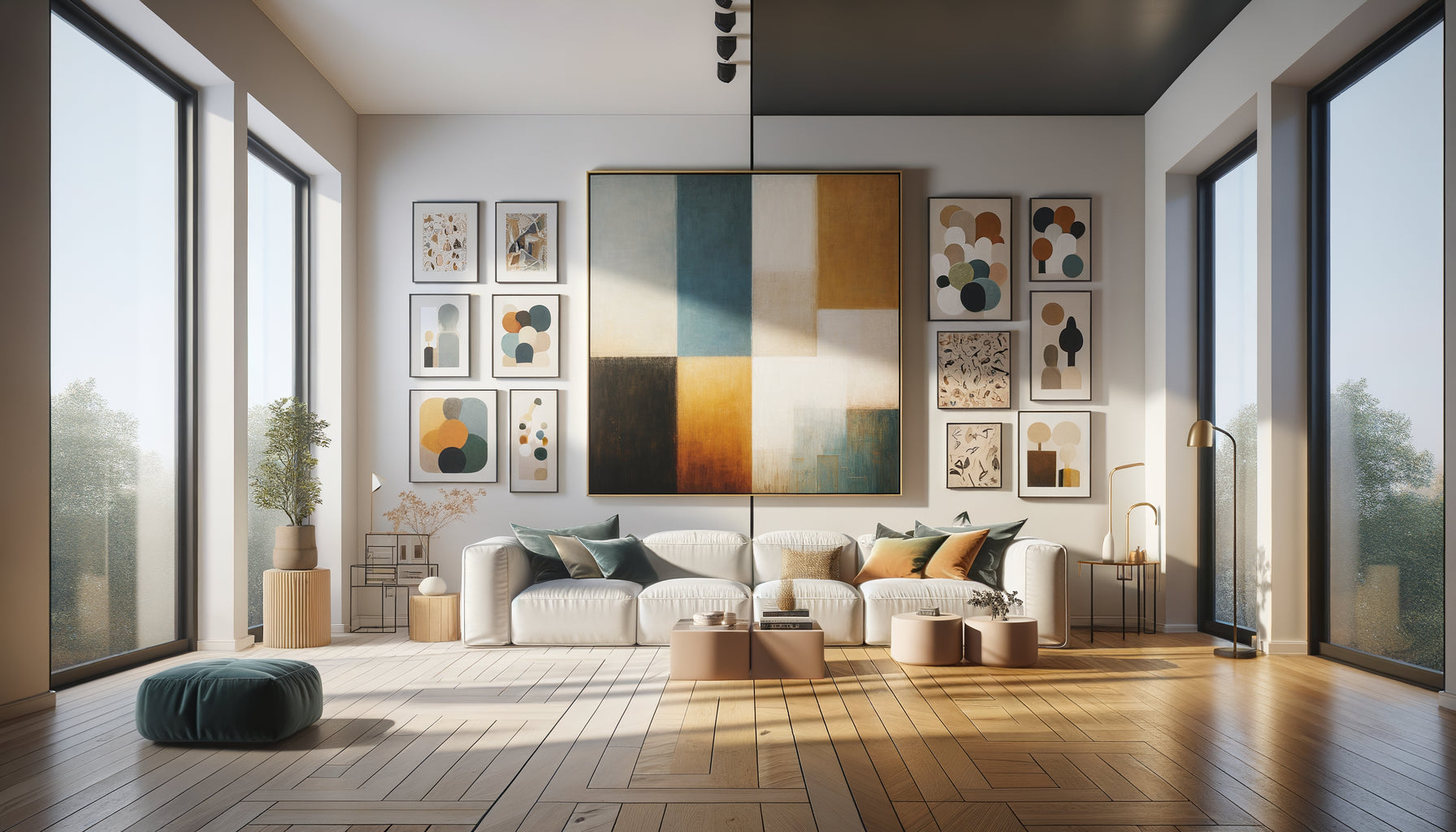 Comparaison mur contemporain : grand tableau unique versus composition de petits formats multipliés, décoration intérieure moderne