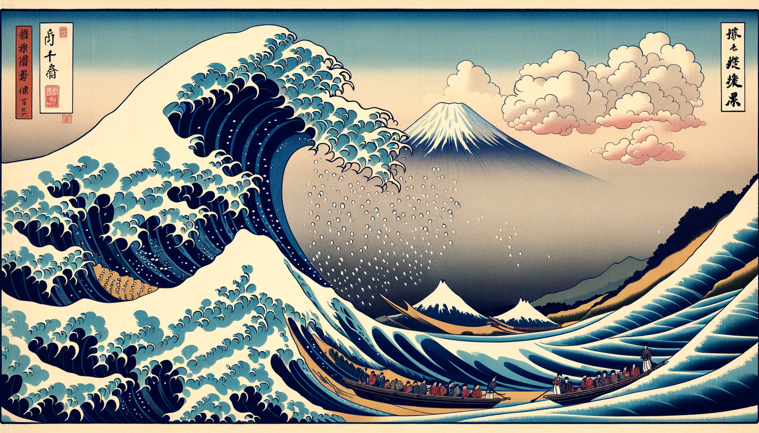 Grande Vague de Kanagawa d'Hokusai, estampe ukiyo-e du XIXe siècle avec vague stylisée en bleu de Prusse