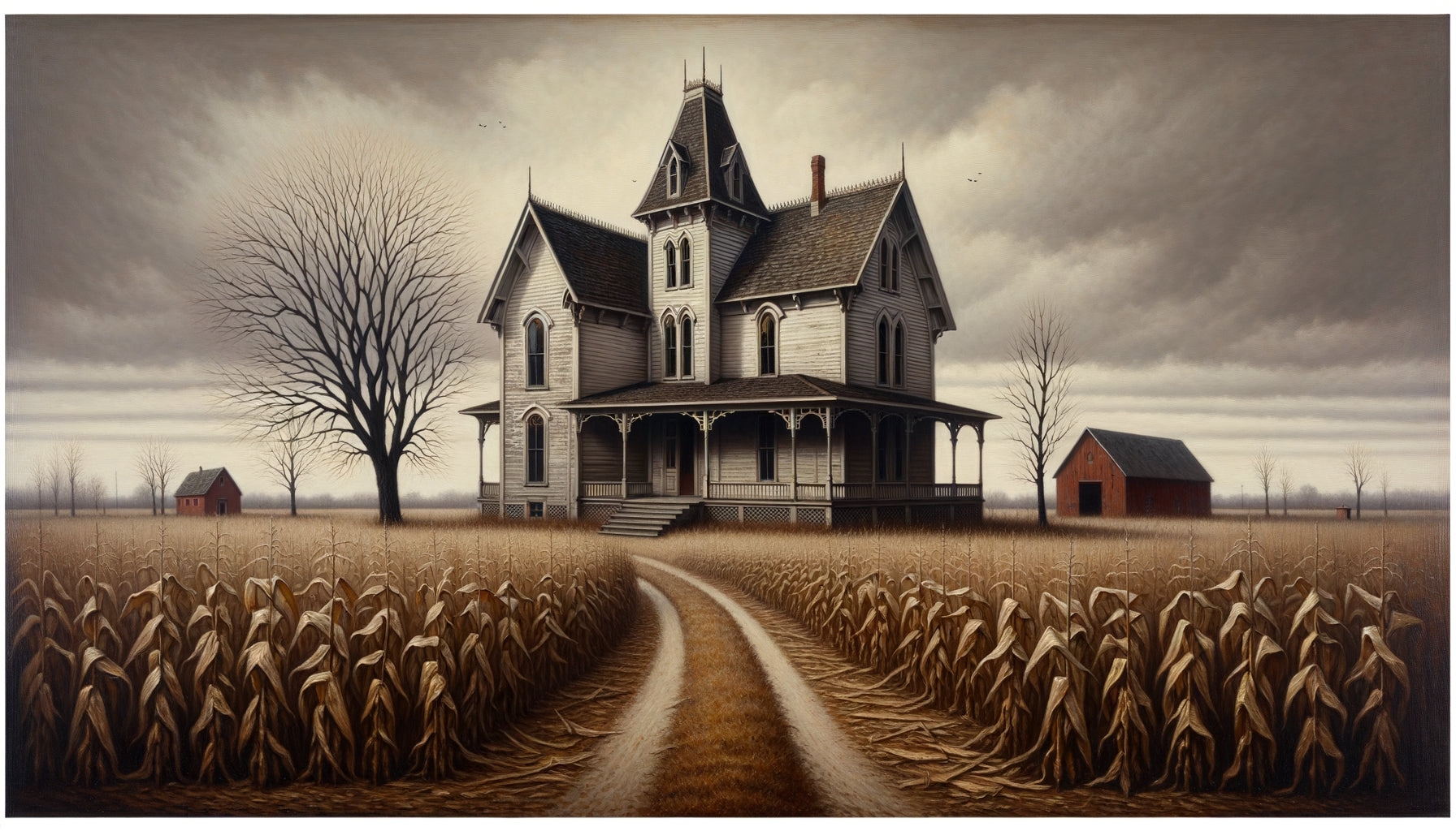 Ferme rurale du Midwest dans le style régionalisme américain de Grant Wood années 1930, architecture gothique et champs de maïs automnaux