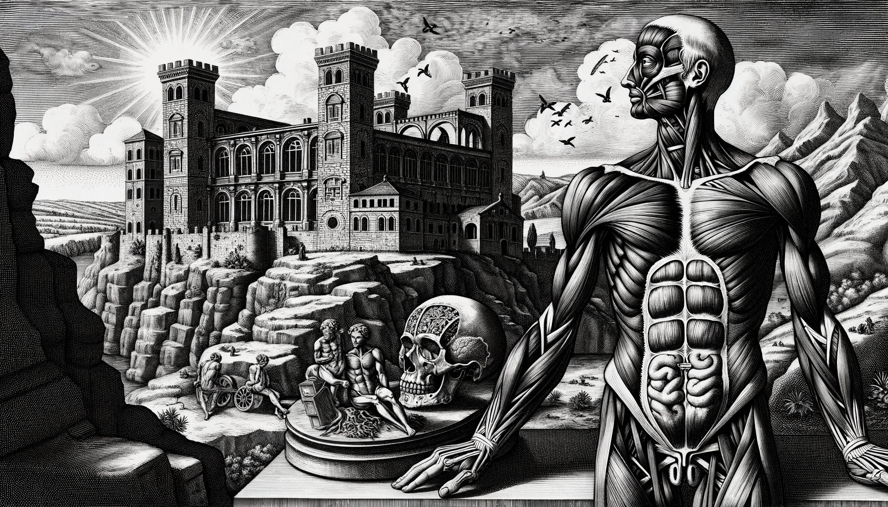 Gravure anatomique Renaissance style Vésale 1543, écorché musculaire en pose classique, noir et blanc, précision scientifique et beauté esthétique