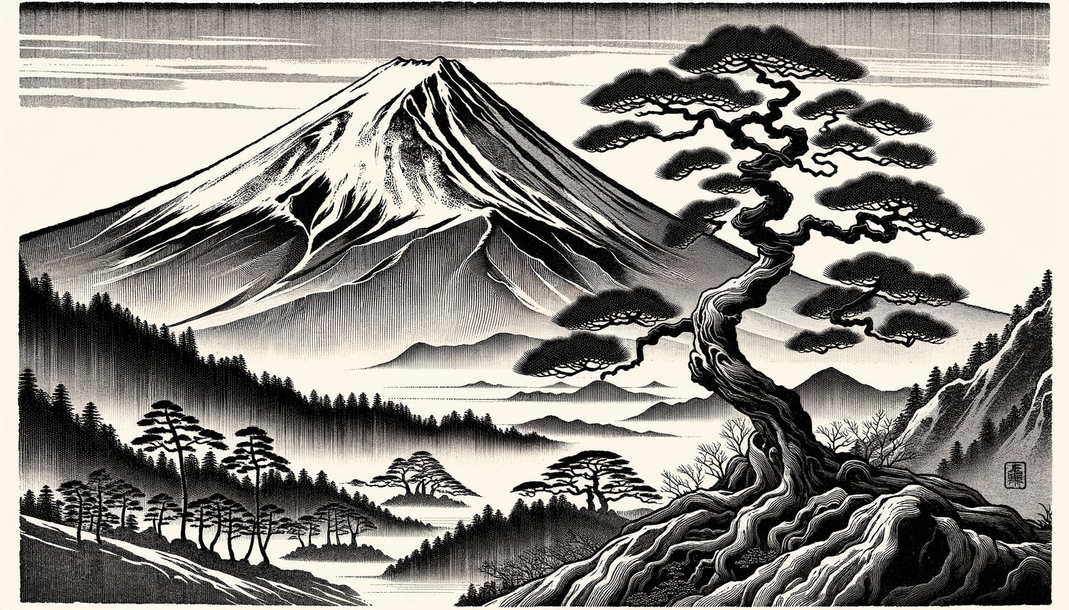 Gravure sur bois japonaise ukiyo-e traditionnelle en noir et blanc, période Edo, démontrant l'élégance épurée caractéristique