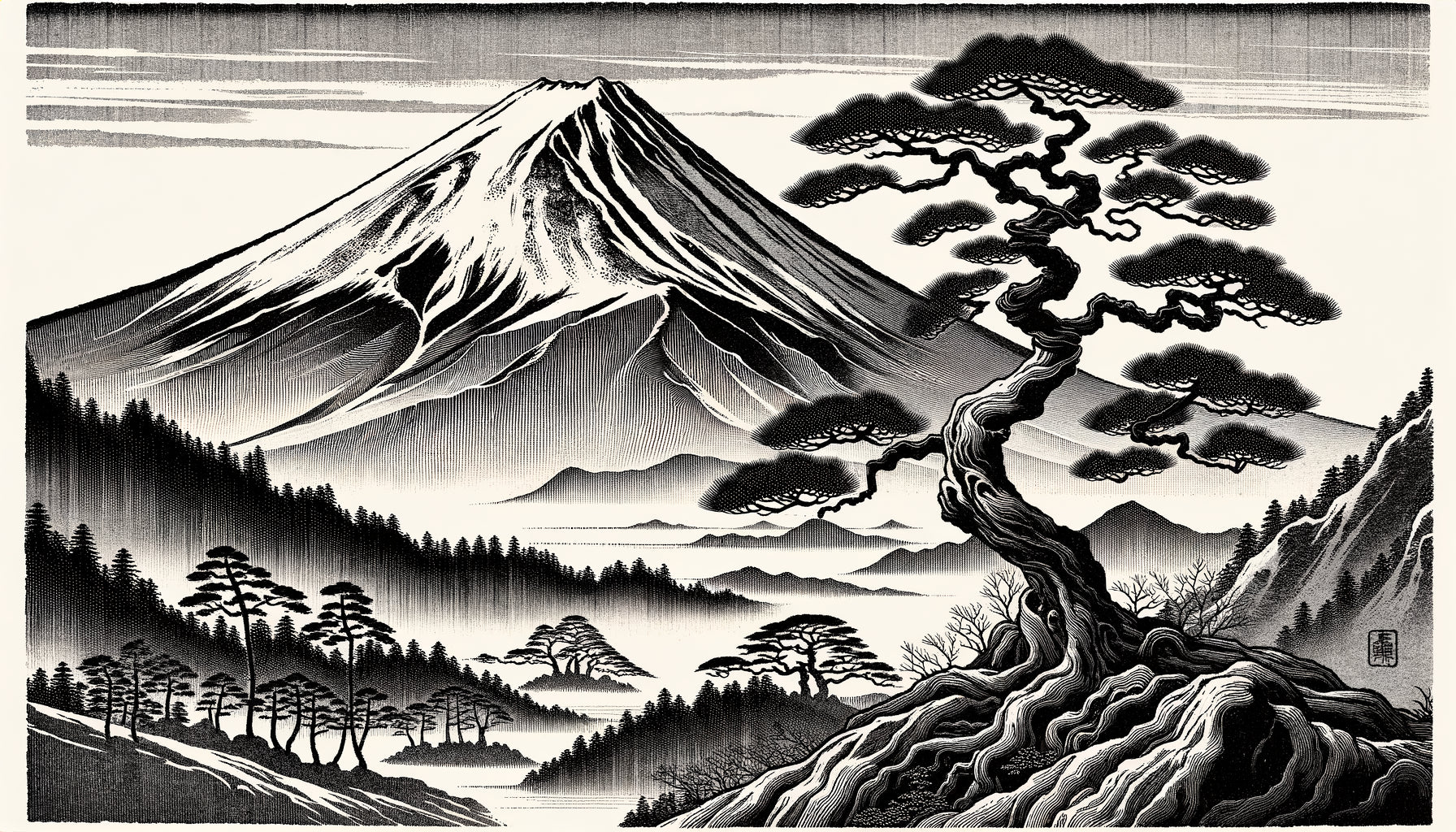Gravure sur bois japonaise ukiyo-e traditionnelle en noir et blanc, période Edo, démontrant l'élégance épurée caractéristique