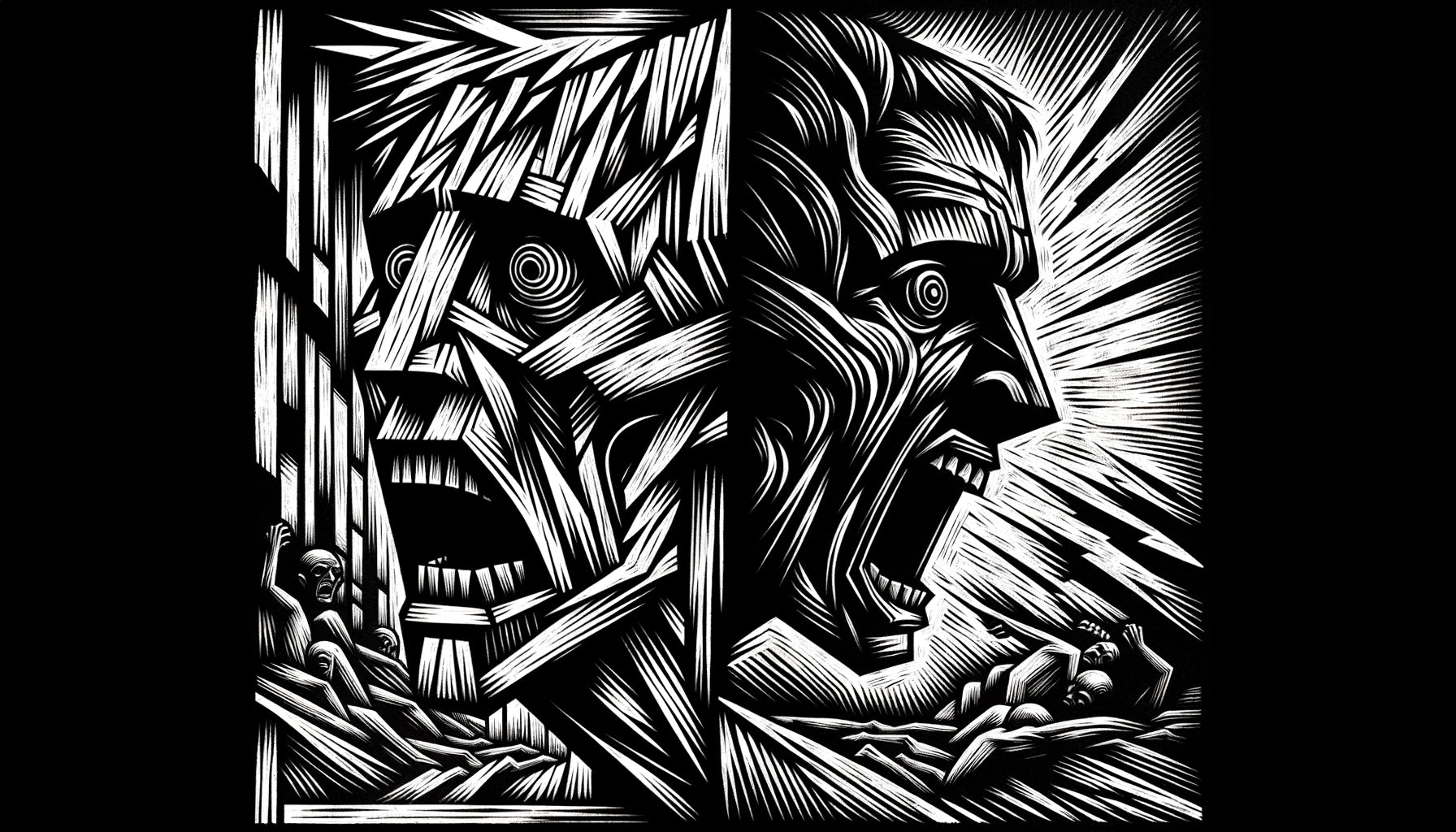 Gravure sur bois expressionniste allemande années 1920, contraste noir-blanc brutal, figure angoissée style Kirchner, lignes anguleuses