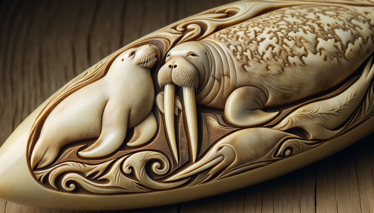 Gros plan d'ivoire gravé inuit montrant phoque et morse avec détails anatomiques distinctifs traditionnels
