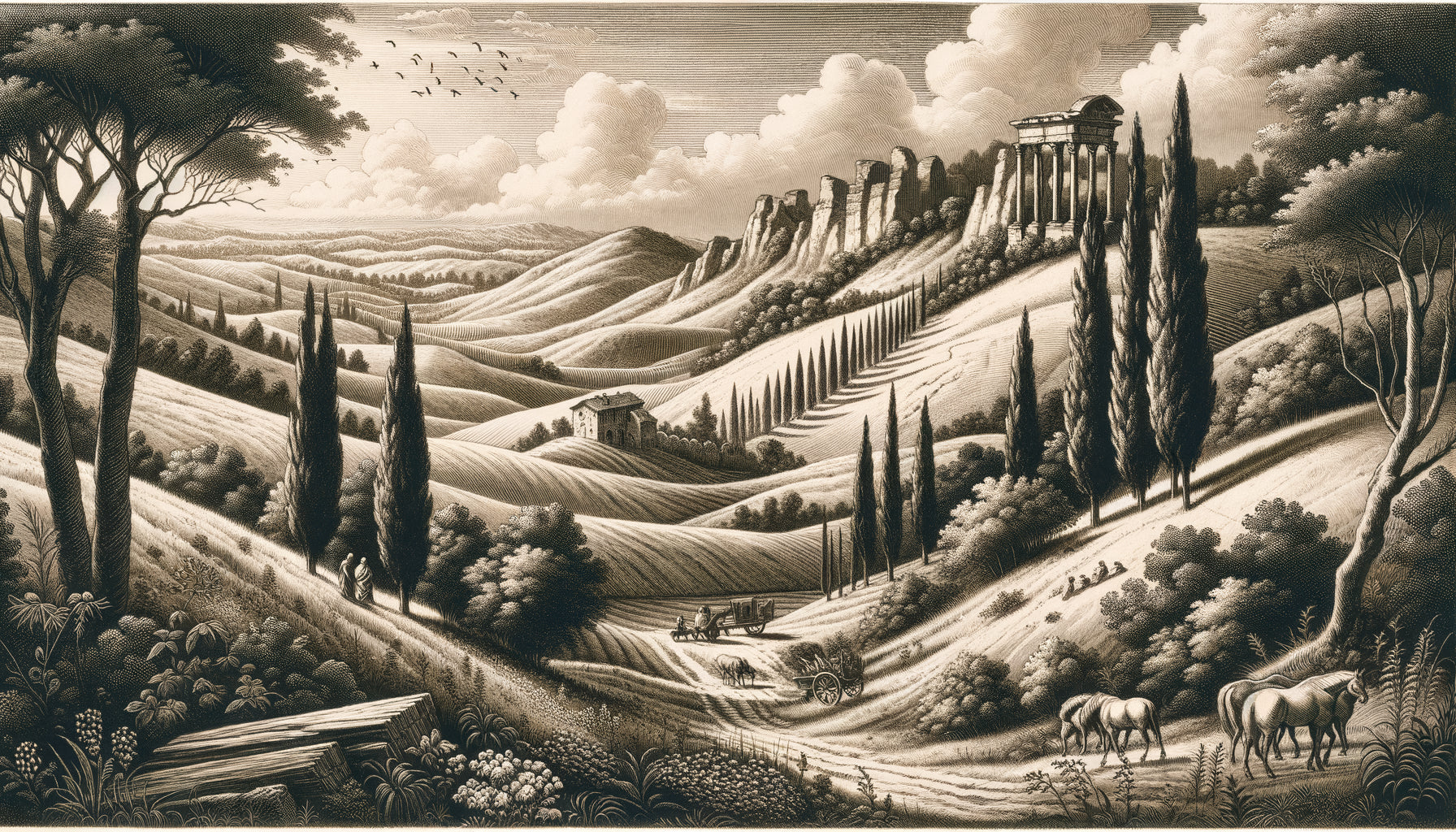 Gravure de paysage authentique du XVIIe siècle, technique eau-forte, scène pastorale baroque avec ruines antiques