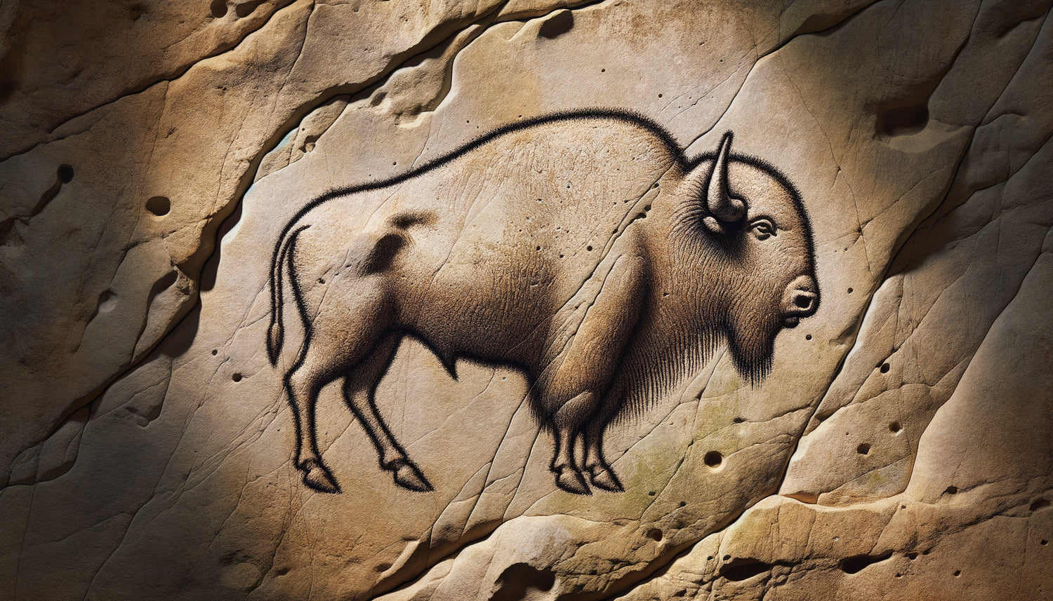 Gravure rupestre magdalénienne représentant un bison avec effet de volume créé par un simple contour noir sur paroi calcaire