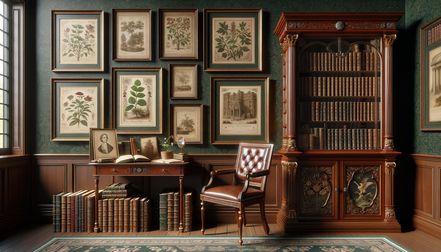 Collection de gravures anciennes encadrées accrochées près d'une bibliothèque patrimoniale avec volumes reliés, ambiance cabinet de curiosités