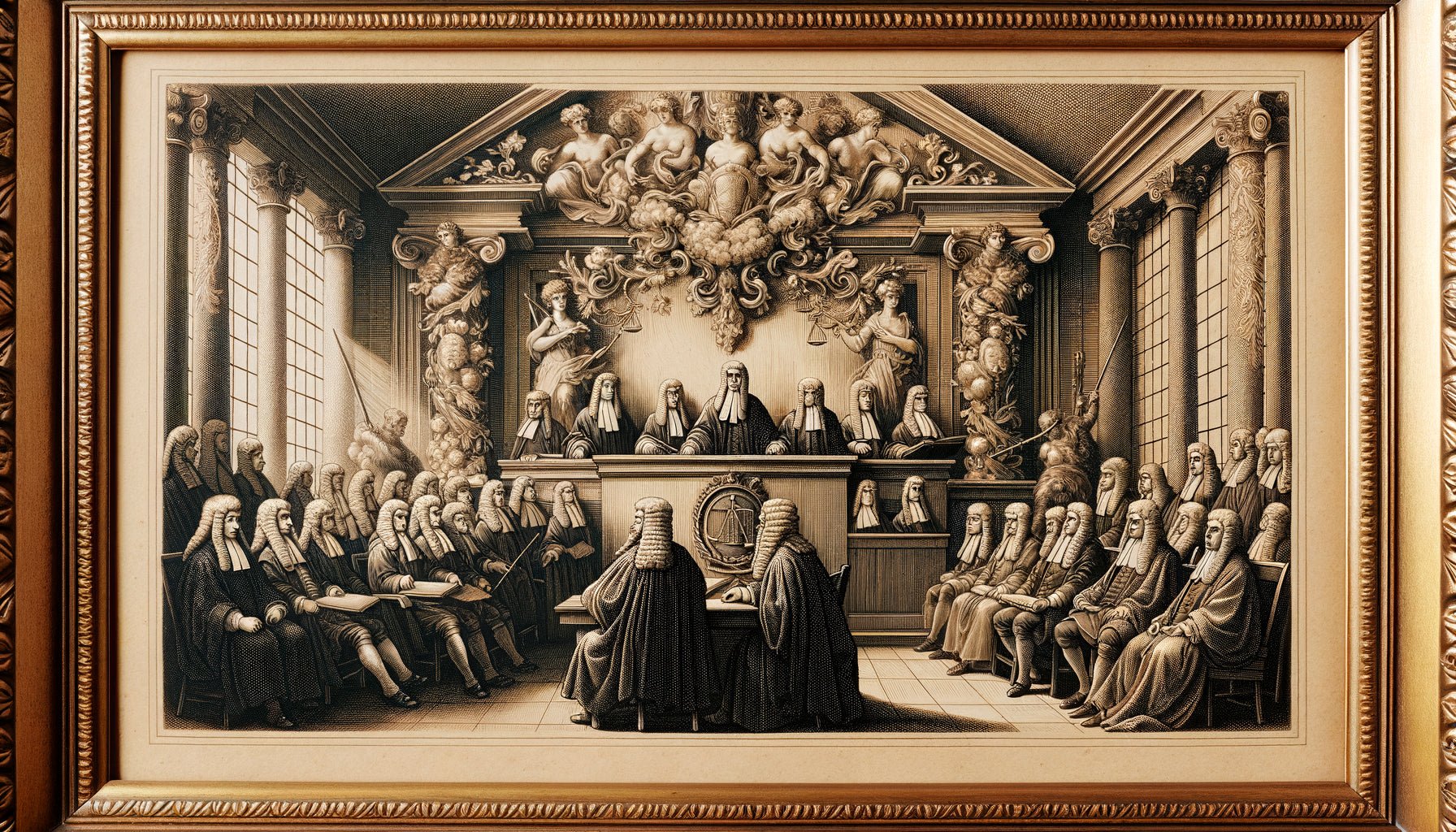 Gravures juridiques anciennes des 18e-19e siècles représentant des scènes de tribunaux historiques avec bordures baroques ornées
