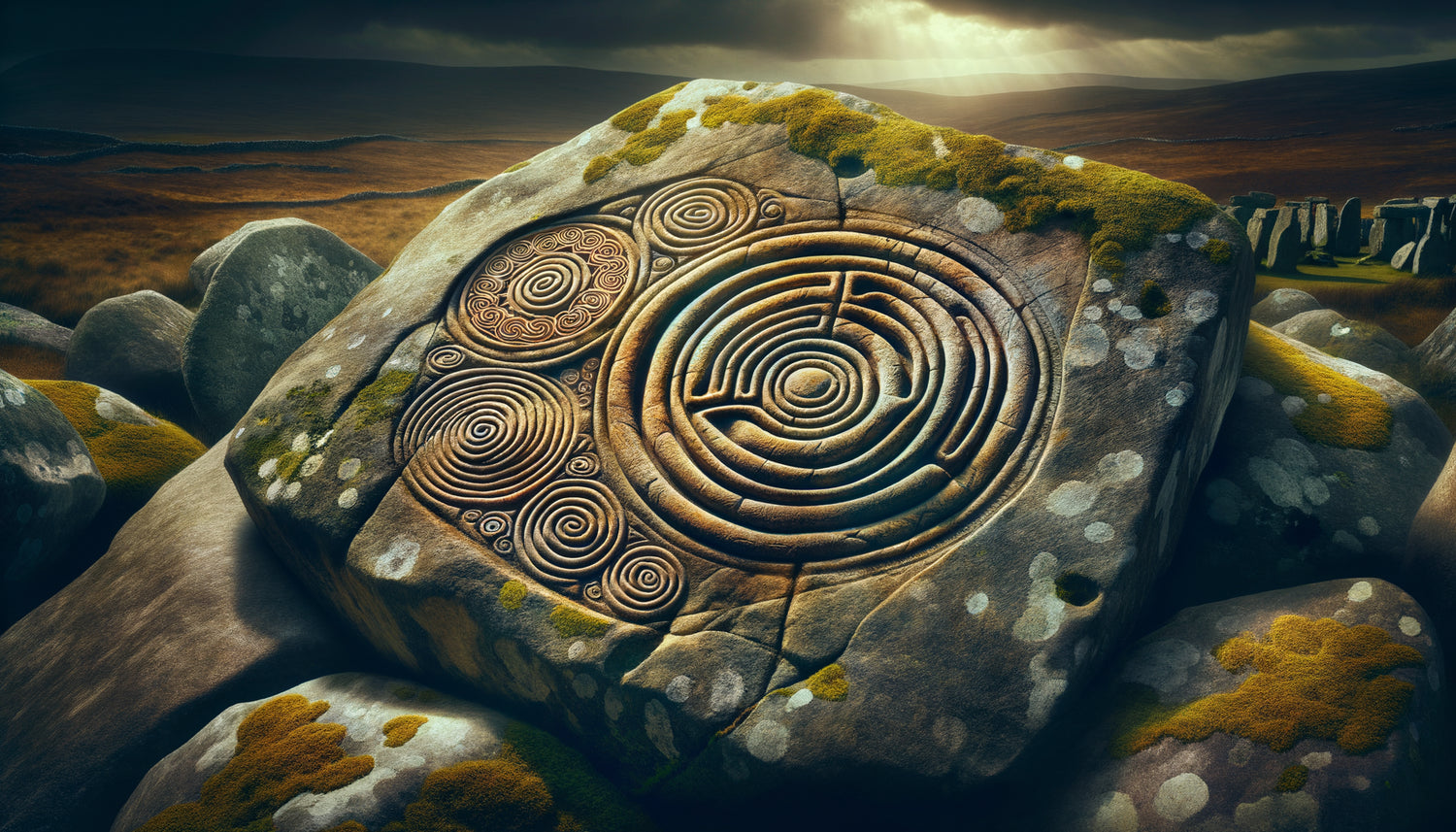 Gravures rupestres celtes authentiques avec spirales triskèles et symboles solaires de l'âge du fer