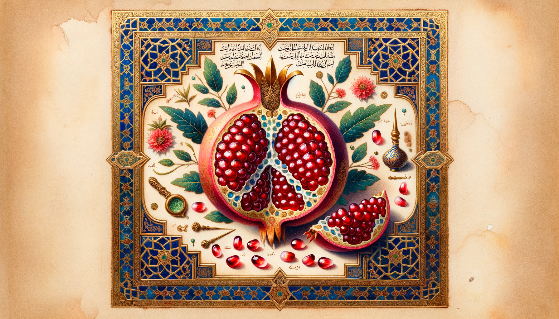 Enluminure ottomane du 16ème siècle représentant une grenade ouverte aux graines rubis, manuscrit médical avec calligraphie arabe et motifs géométriques dorés
