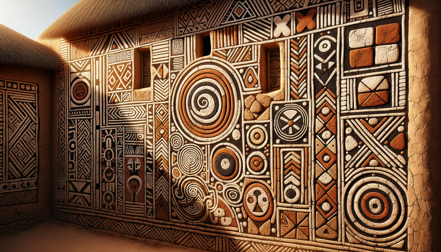Grenier à mil ouest-africain traditionnel orné de motifs géométriques élaborés peints avec pigments naturels ocre, blanc et noir