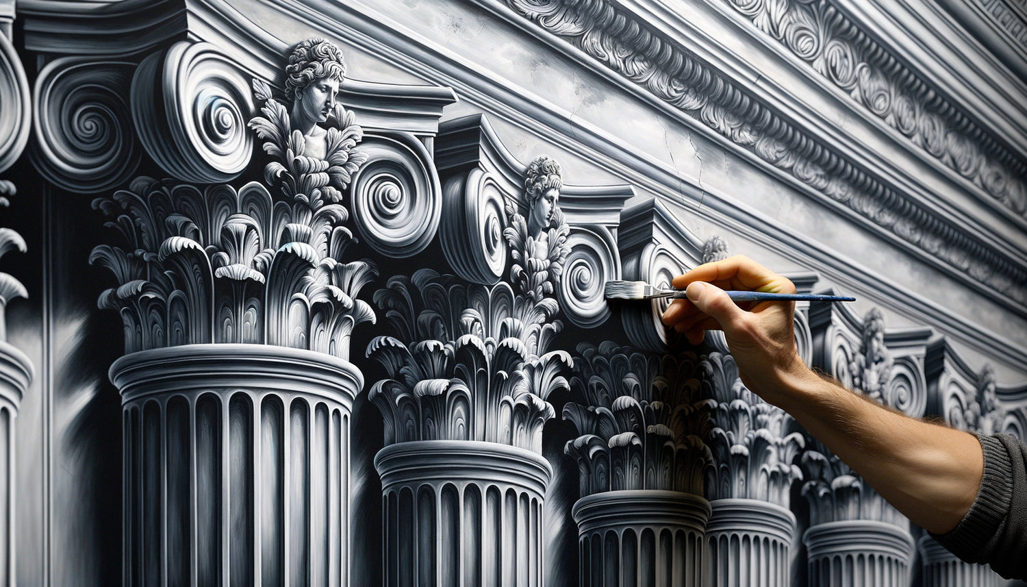 Grisaille architecturale en trompe-l'œil représentant des colonnes corinthiennes peintes en camaïeu de gris sur mur