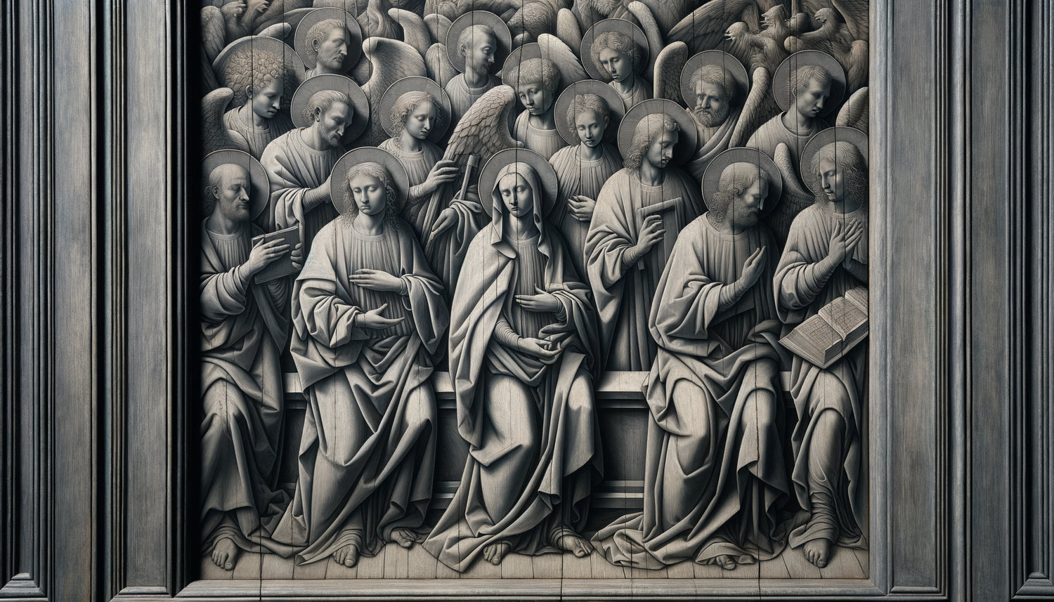 Grisaille flamande du XVe siècle sur revers de volet, technique monochrome imitant la sculpture en pierre