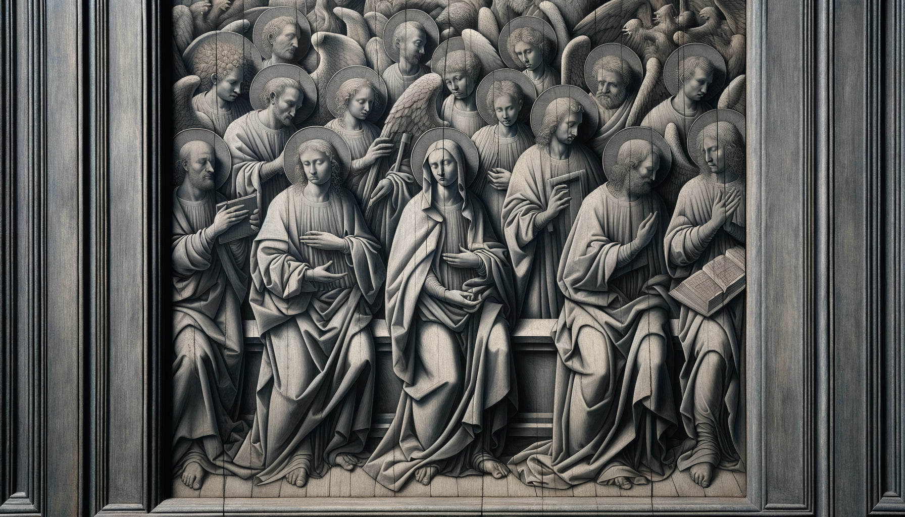 Grisaille flamande du XVe siècle sur revers de volet, technique monochrome imitant la sculpture en pierre