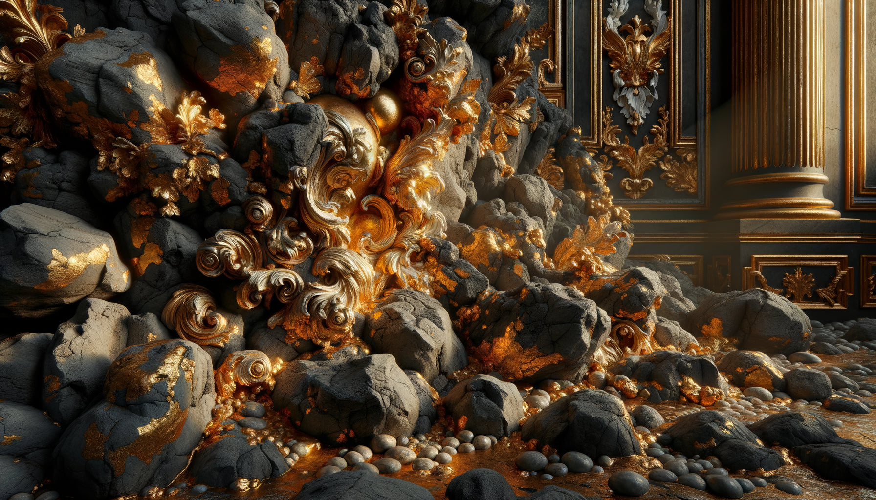Détail d'une grotte artificielle italienne du XVIIIe siècle avec effets de dorure et mixtion sur roches volcaniques
