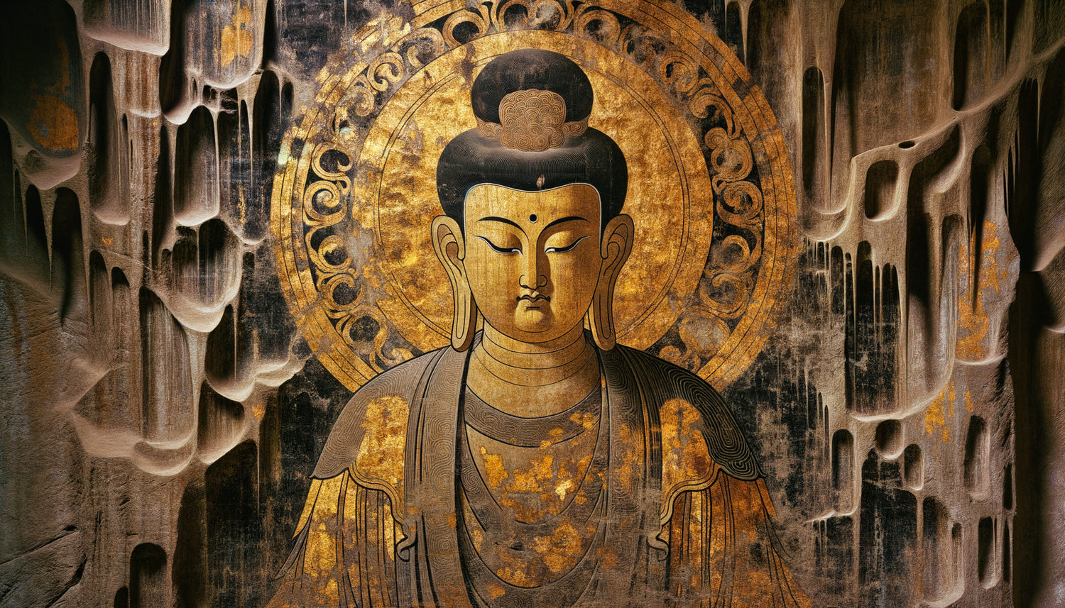 Détail de peinture murale bouddhique des grottes de Longmen avec contours noirs délimitant zones dorées à la feuille d'or, dynastie Tang