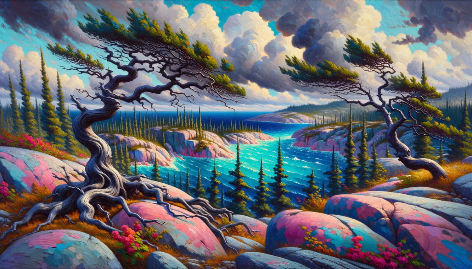 Paysage canadien style Groupe des Sept années 1920, lac bleu électrique, pins tordus, rochers roses, palette audacieuse