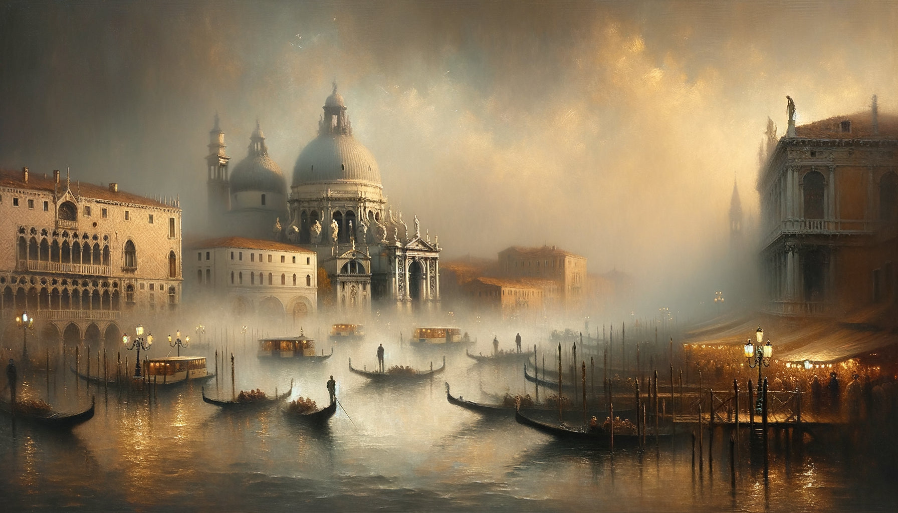 Peinture vénitienne de Francesco Guardi, atmosphère brumeuse du Grand Canal, style vaporeux caractéristique du 18ème siècle