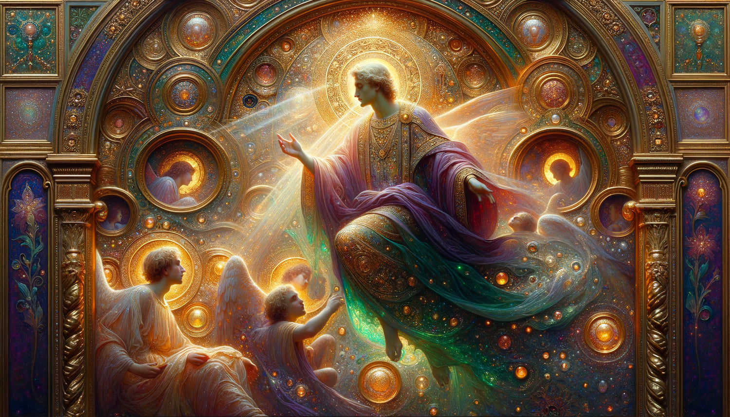 Détail de peinture mythologique style Gustave Moreau montrant la luminosité surnaturelle obtenue par glacis superposés et poudre d'or