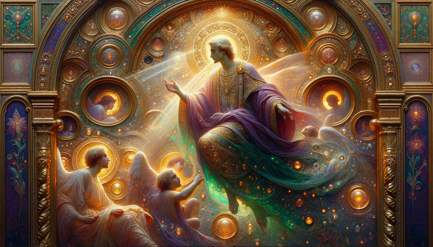 Détail de peinture mythologique style Gustave Moreau montrant la luminosité surnaturelle obtenue par glacis superposés et poudre d'or