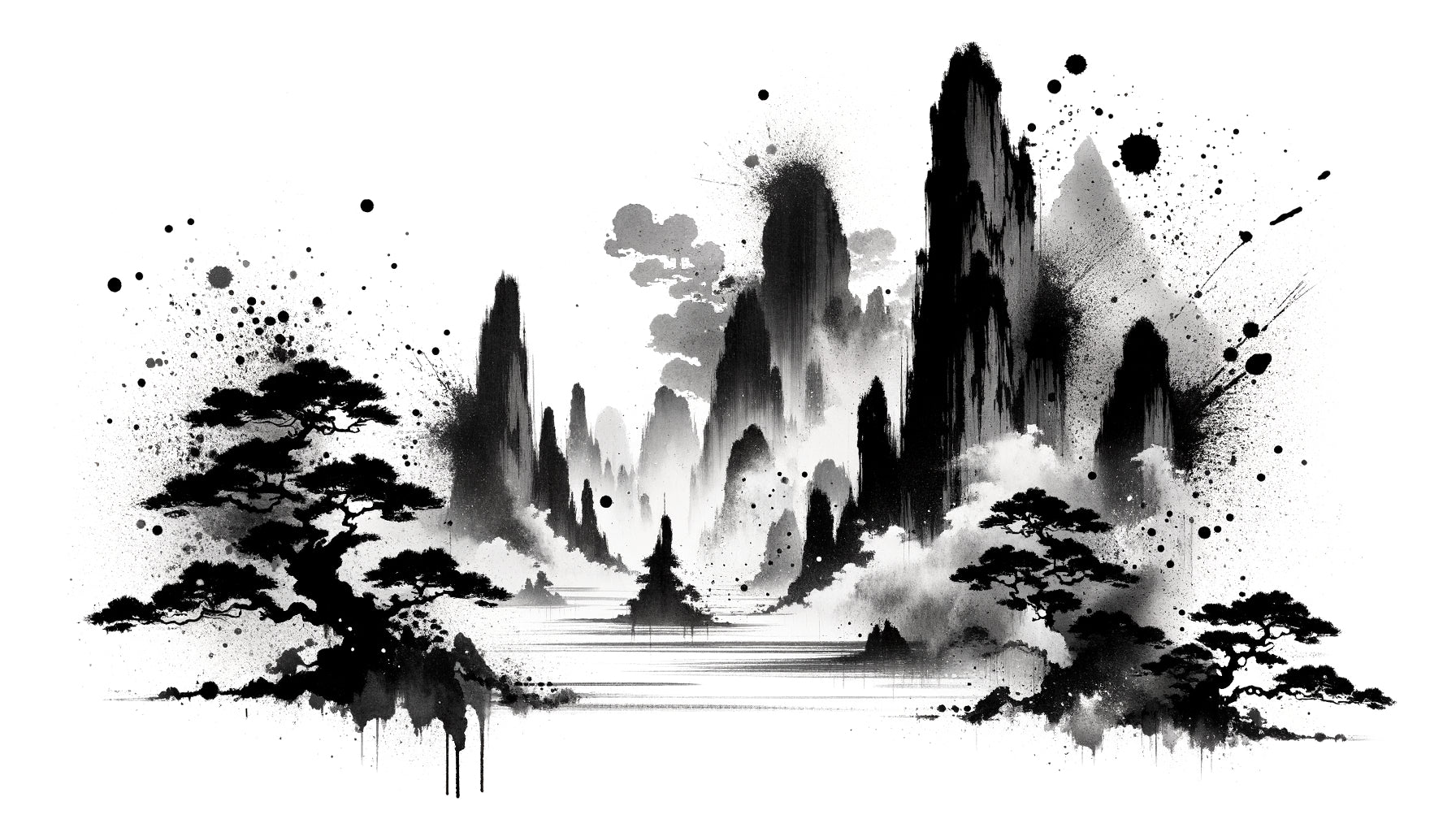 Peinture haboku japonaise du XVe siècle, encre éclaboussée créant un paysage de montagnes émergeant de la brume