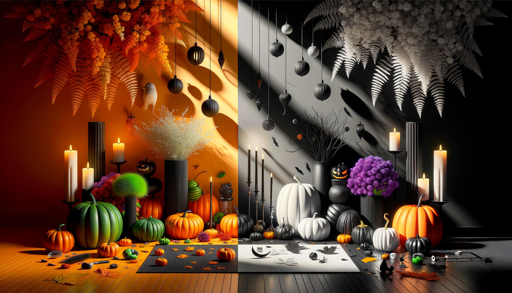 Comparaison décoration Halloween : noir et blanc artistique élégant versus couleurs saturées festives vibrantes