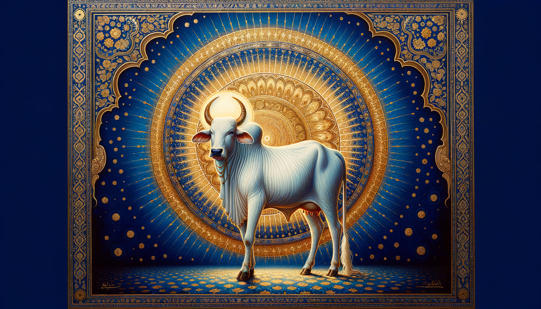 Peinture indienne traditionnelle d'une vache sacrée entourée d'un halo doré lumineux aux pigments métalliques