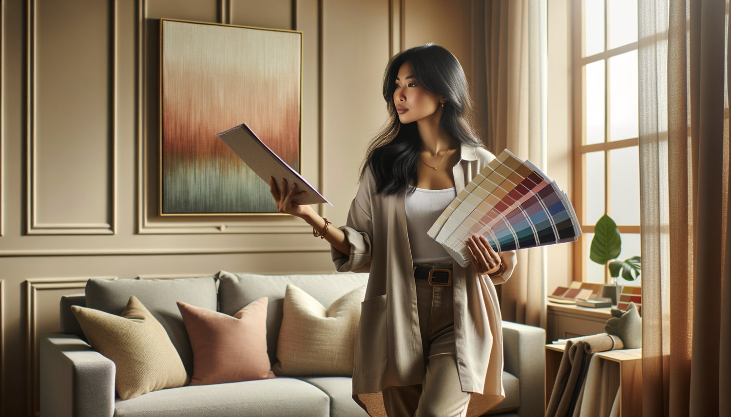 Femme comparant des nuanciers de couleurs avec un tableau abstrait dans un salon moderne pour vérifier l'harmonie chromatique