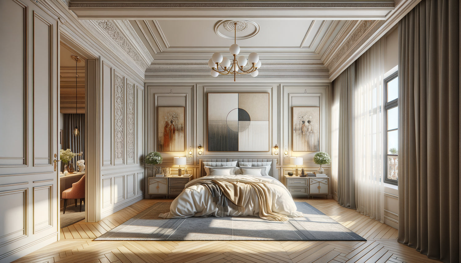 Chambre élégante montrant l'harmonie entre style architectural et choix de tableau mural adapté