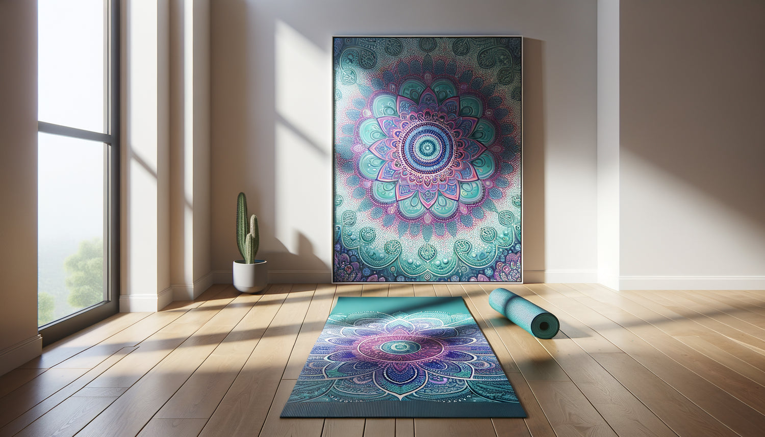 Espace de yoga contemporain avec tapis coloré violet et turquoise harmonisé avec tableau abstrait mural aux teintes complémentaires