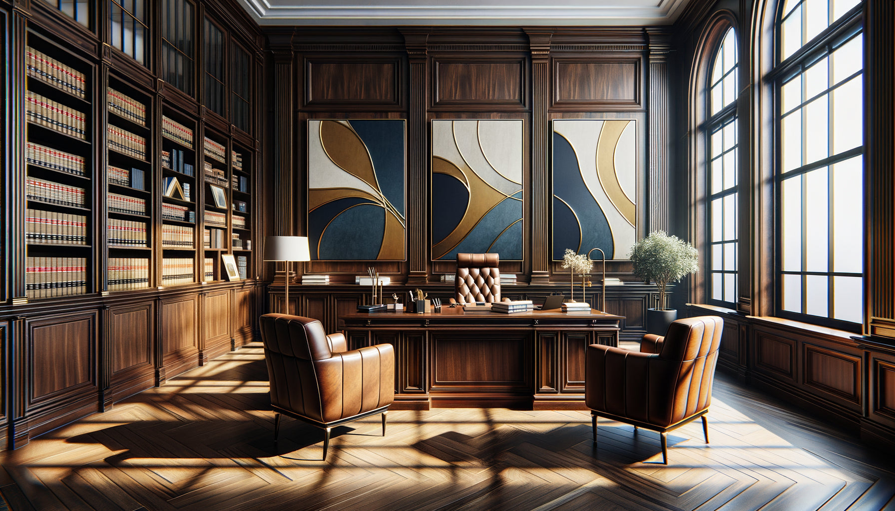 Intérieur de cabinet juridique avec tableaux harmonisés en palette bleu marine et or, cohérence visuelle professionnelle