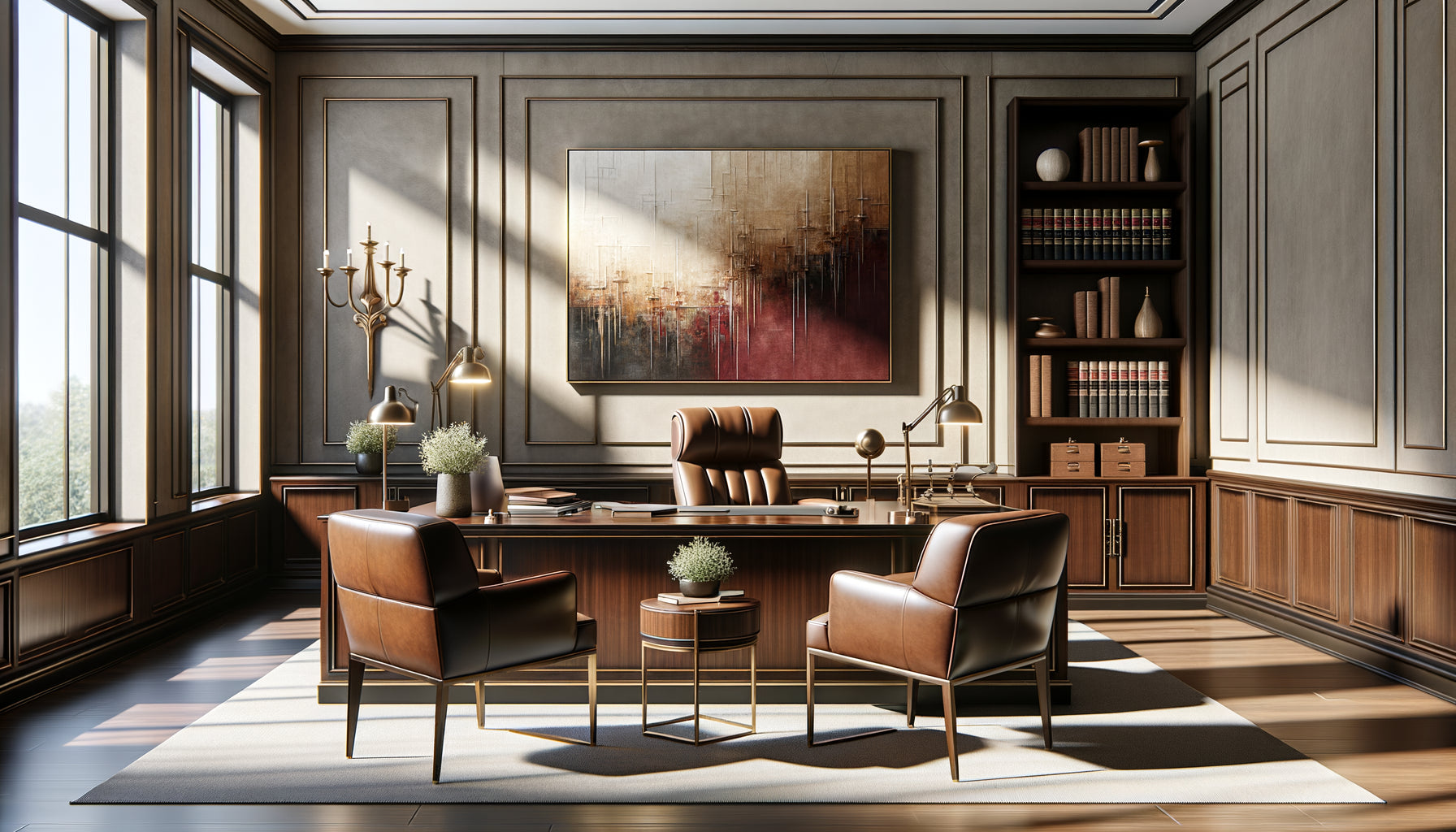 Bureau professionnel avec mobilier en bois et tableau mural harmonisé par texture, couleur et ligne