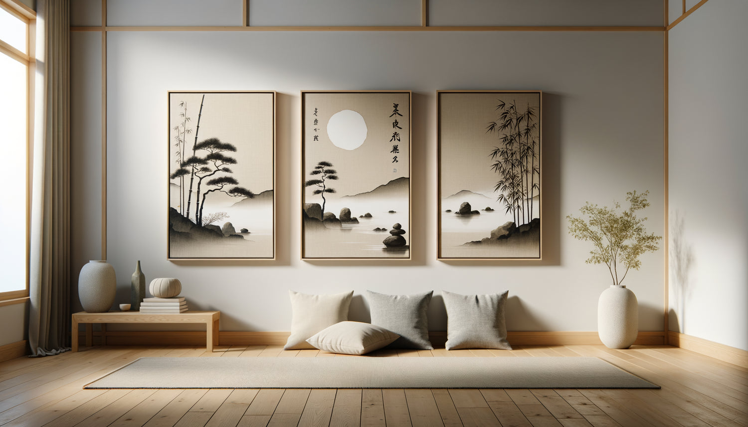 Composition murale harmonieuse de plusieurs tableaux zen aux tons neutres, arrangement équilibré selon l'esthétique japonaise minimaliste