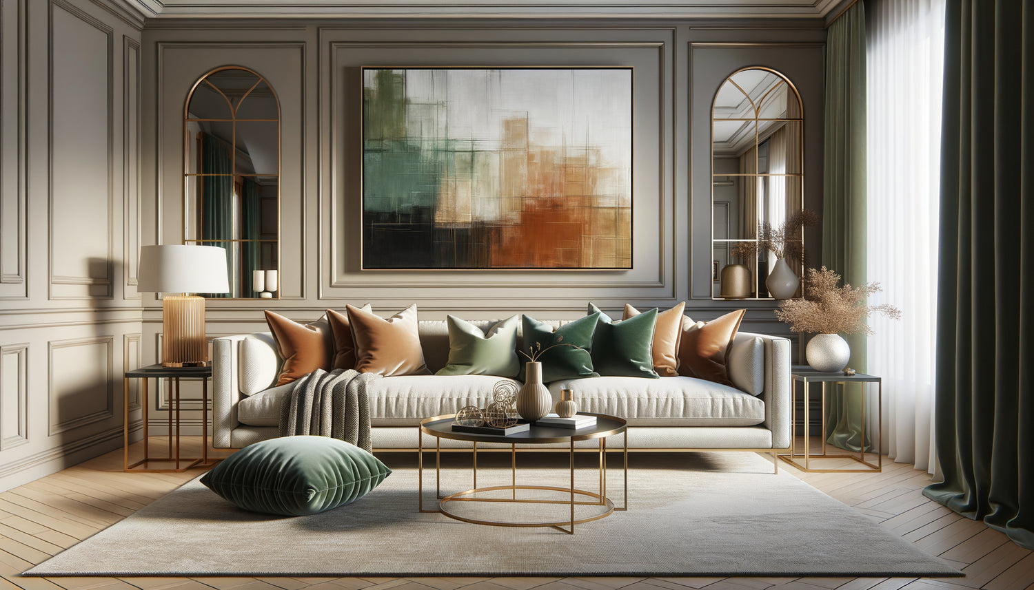 Salon contemporain avec tableau abstrait harmonisé aux couleurs de la décoration existante, démontrant l'équilibre parfait des proportions