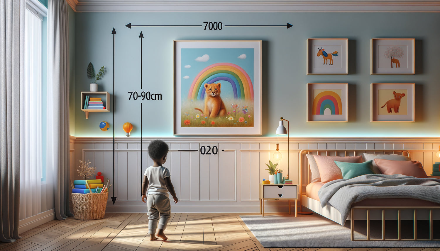 Enfant de 3 ans regardant un tableau accroché à sa hauteur dans une chambre contemporaine