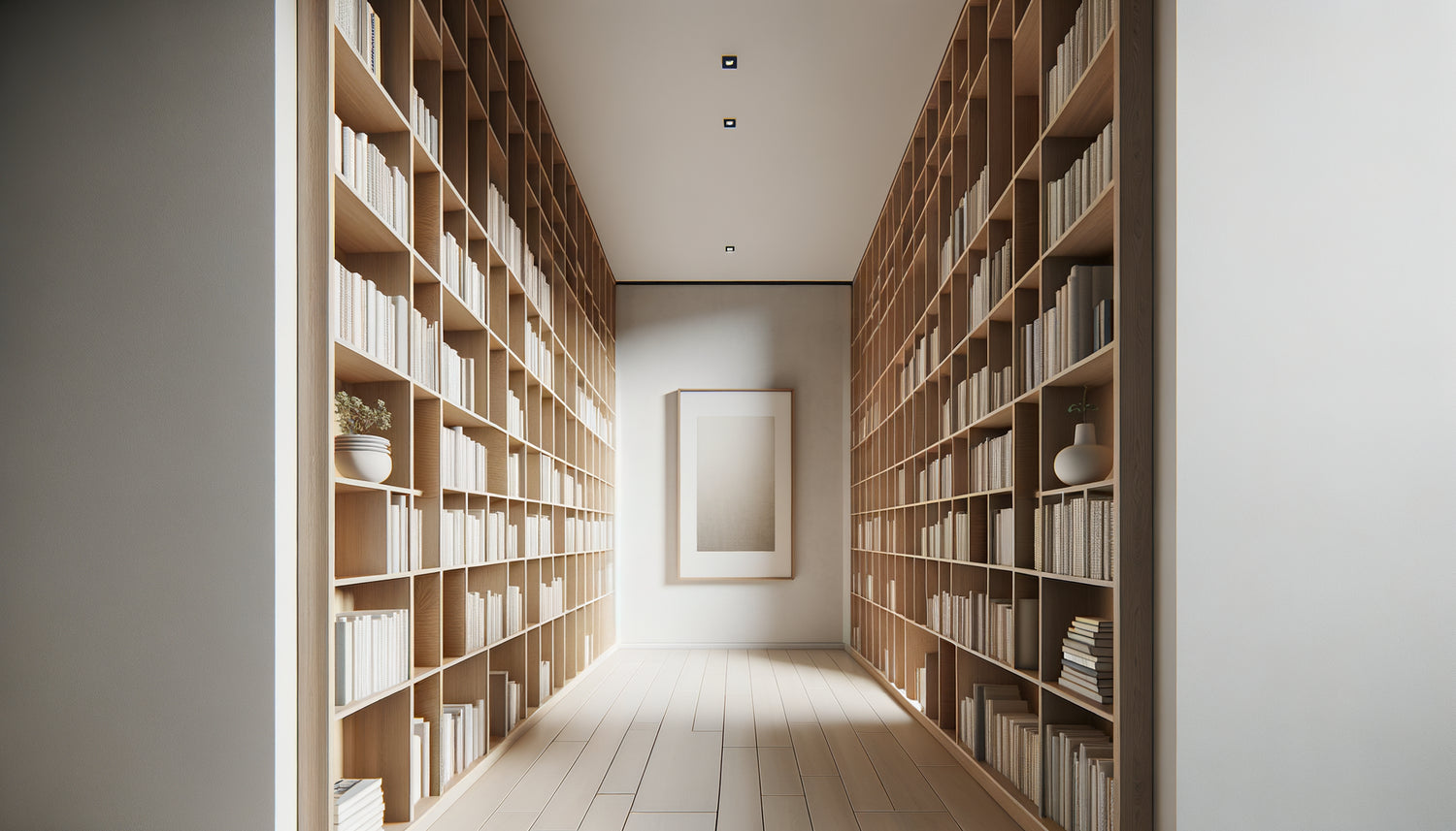 Couloir moderne avec bibliothèques basses et tableau accroché à hauteur idéale au-dessus