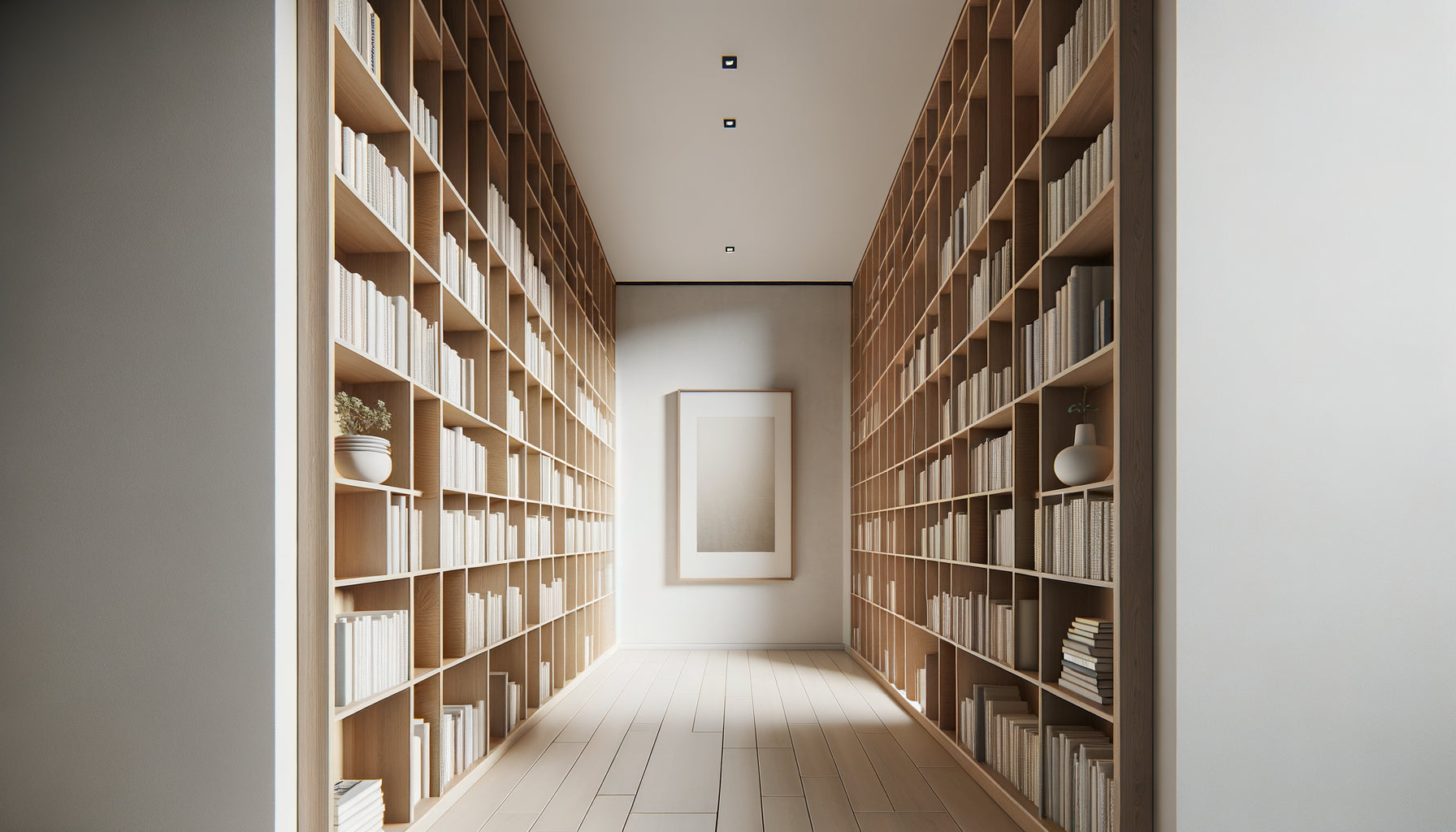 Couloir moderne avec bibliothèques basses et tableau accroché à hauteur idéale au-dessus