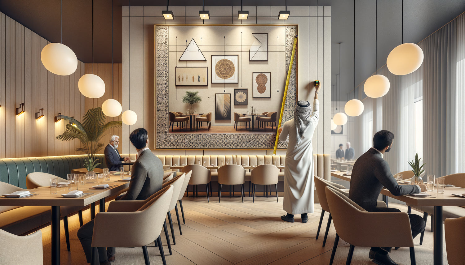 Designer mesurant la hauteur d'accrochage d'un tableau dans un restaurant contemporain avec convives assis
