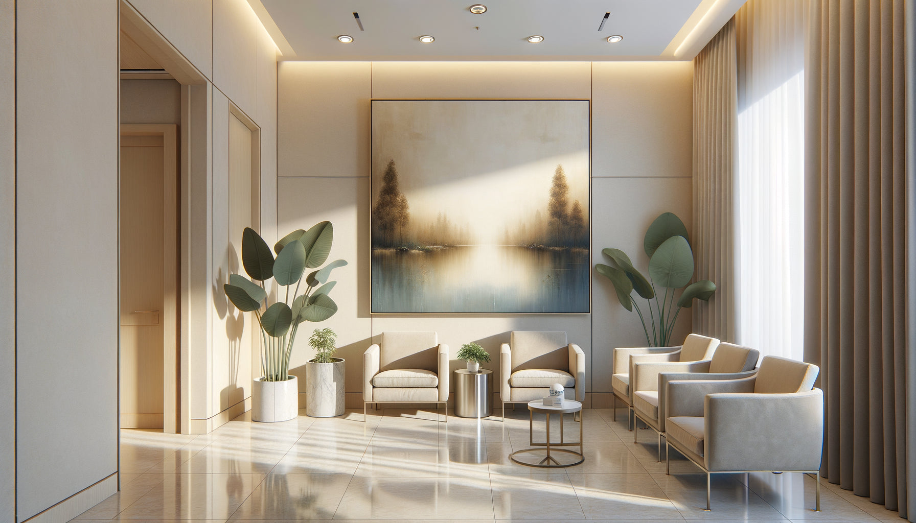 Salle d'attente médicale moderne avec tableau apaisant accroché à hauteur idéale de 145 cm pour patients assis