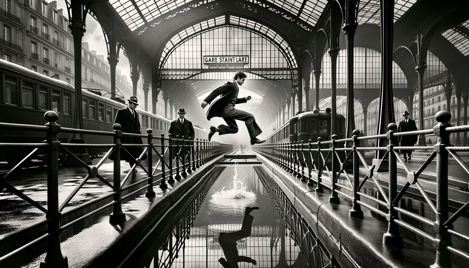Photographie noir et blanc style Henri Cartier-Bresson années 1930, scène de rue parisienne capturant l'instant décisif