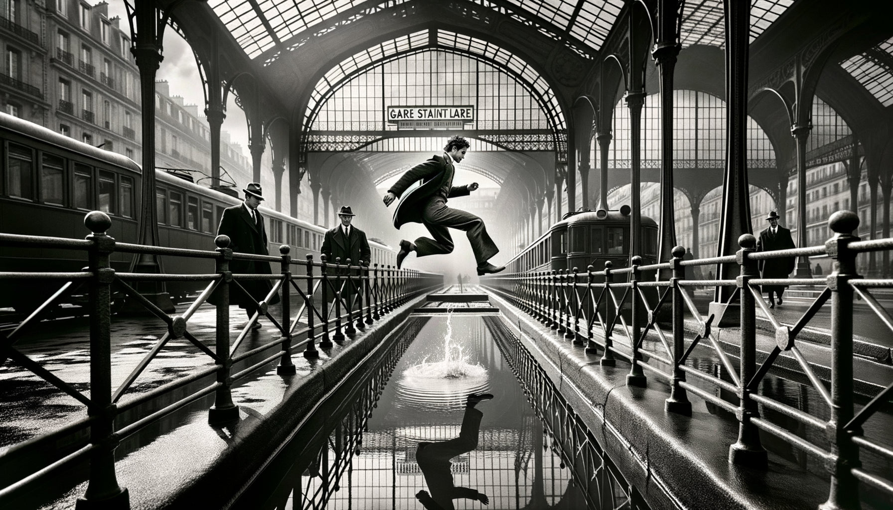 Photographie noir et blanc style Henri Cartier-Bresson années 1930, scène de rue parisienne capturant l'instant décisif
