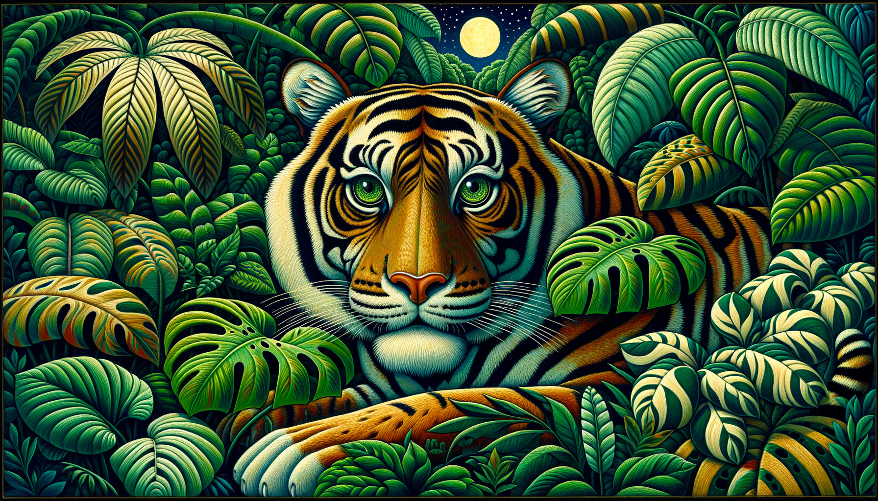 Peinture style Henri Rousseau : tigre aux yeux fixes dans jungle luxuriante naïve, début 20ème siècle