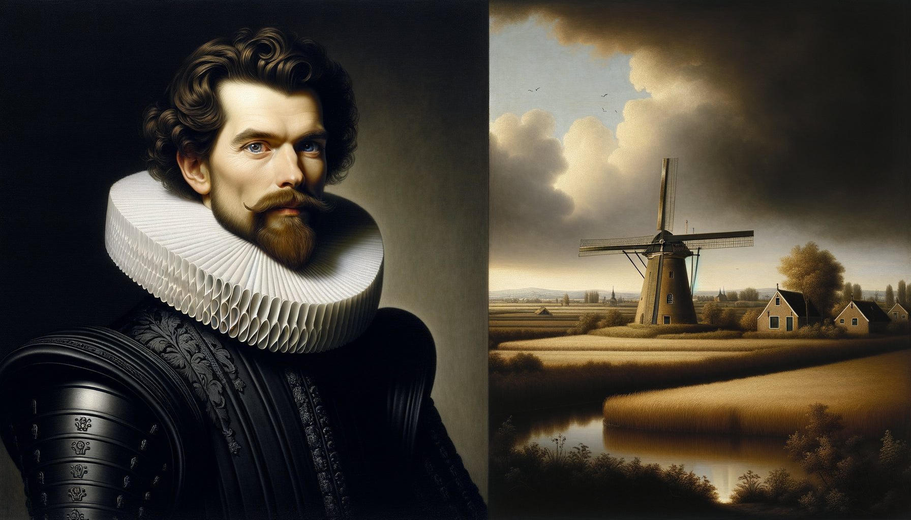 Comparaison visuelle entre portrait baroque hollandais prestigieux et paysage modeste du XVIIe siècle, Siècle d'Or