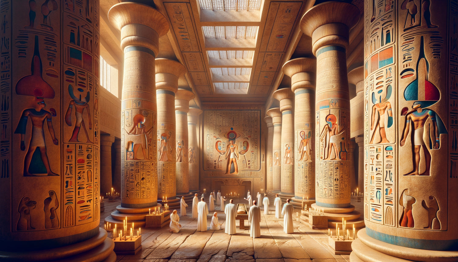 Intérieur de temple de guérison égyptien antique avec hiéroglyphes médicaux sculptés sur colonnes et murs en pierre