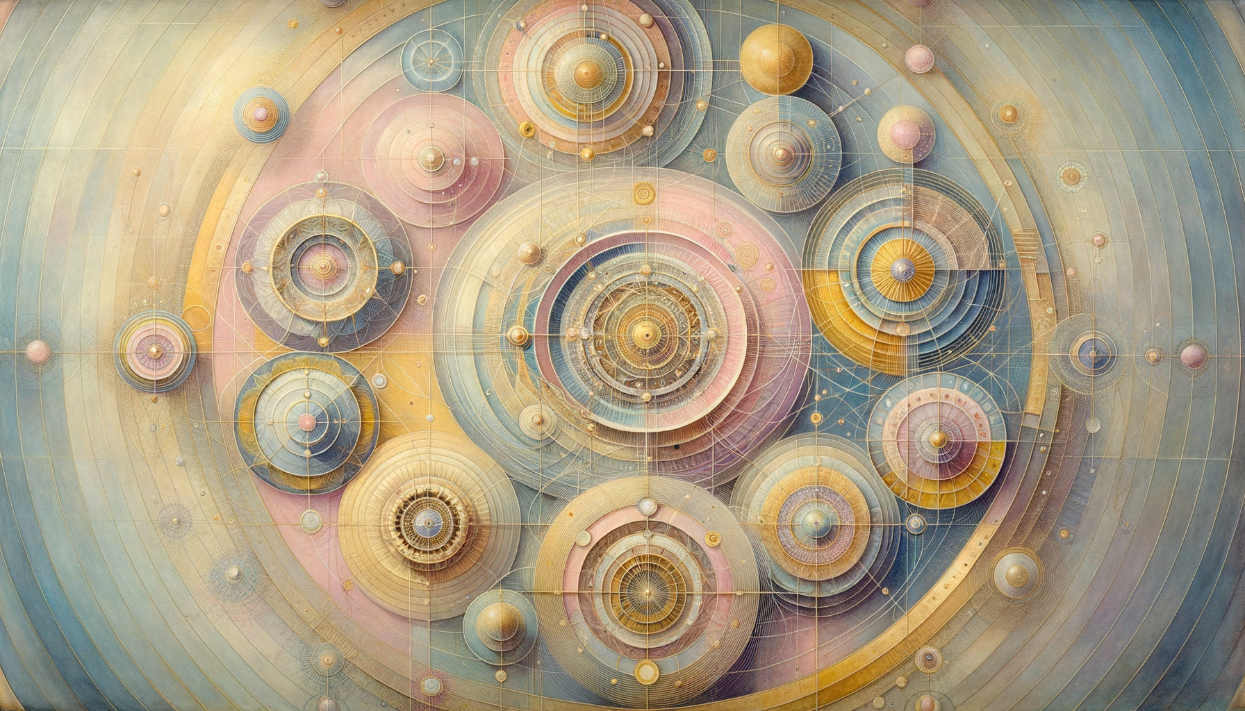 Peinture abstraite style Hilma af Klint années 1910, sphères célestes concentriques, géométrie sacrée, symbolisme théosophique et spirituel